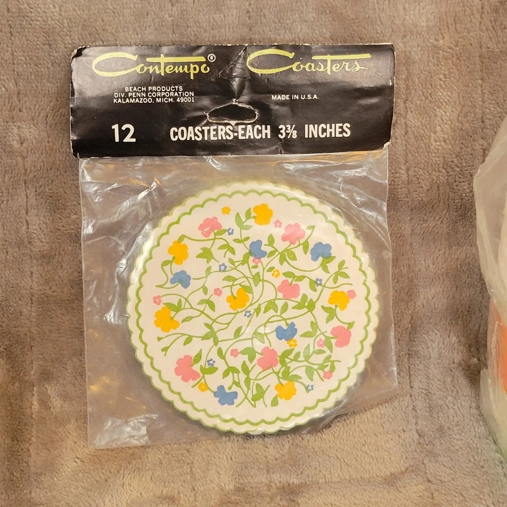 Contempo 12 Paper Cups and 12 Coasters Set VTG Floral Tulip Orange‎ Yellow USA